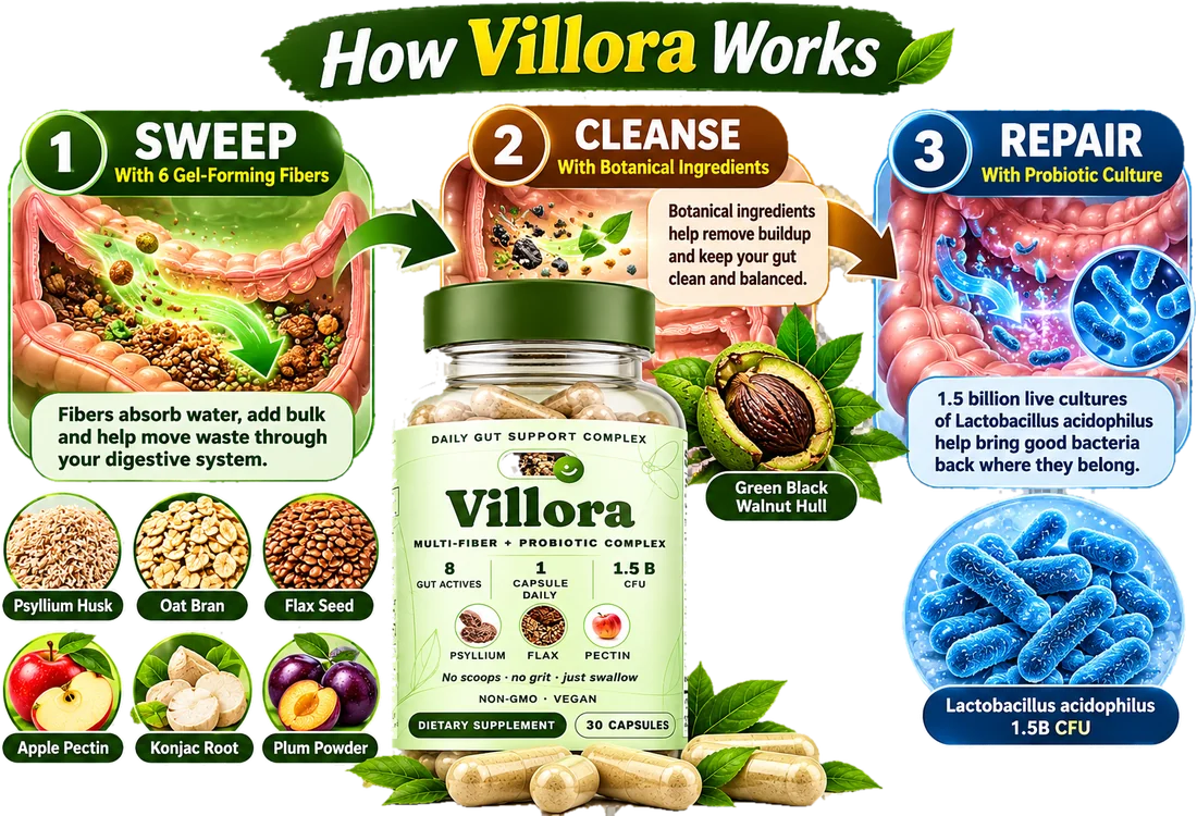 How Villora works infographic: 1 Sweep with 6 gel-forming fibers, 2 Cleanse with botanical ingredients, 3 Repair with probiotic culture