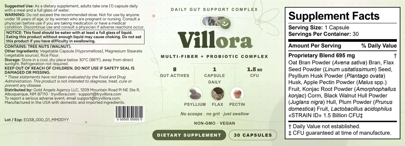 Villora supplement facts label: 695 mg proprietary blend of oat bran, flax seed, psyllium husk, apple pectin, konjac root, black walnut hull, plum powder and Lactobacillus acidophilus 1.5 billion CFU