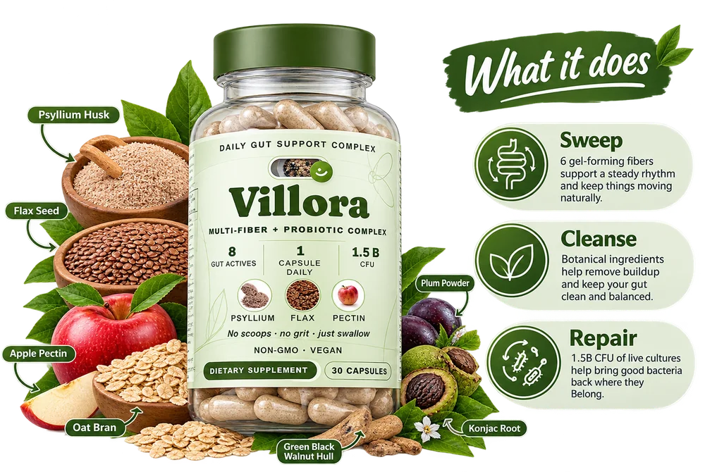 What Villora does: sweep with 6 gel-forming fibers, cleanse with botanical ingredients, repair with 1.5B CFU live cultures